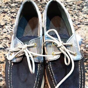 Sperry Navy Leather w/Plaid Fabric Top-Sider Women's  Boat Shoes Size 8 Medium